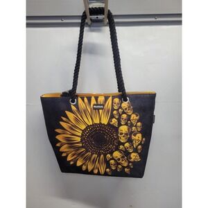 Skullistic Sunflower Skulls Tote Bag Black Yellow Rope‎ Handle